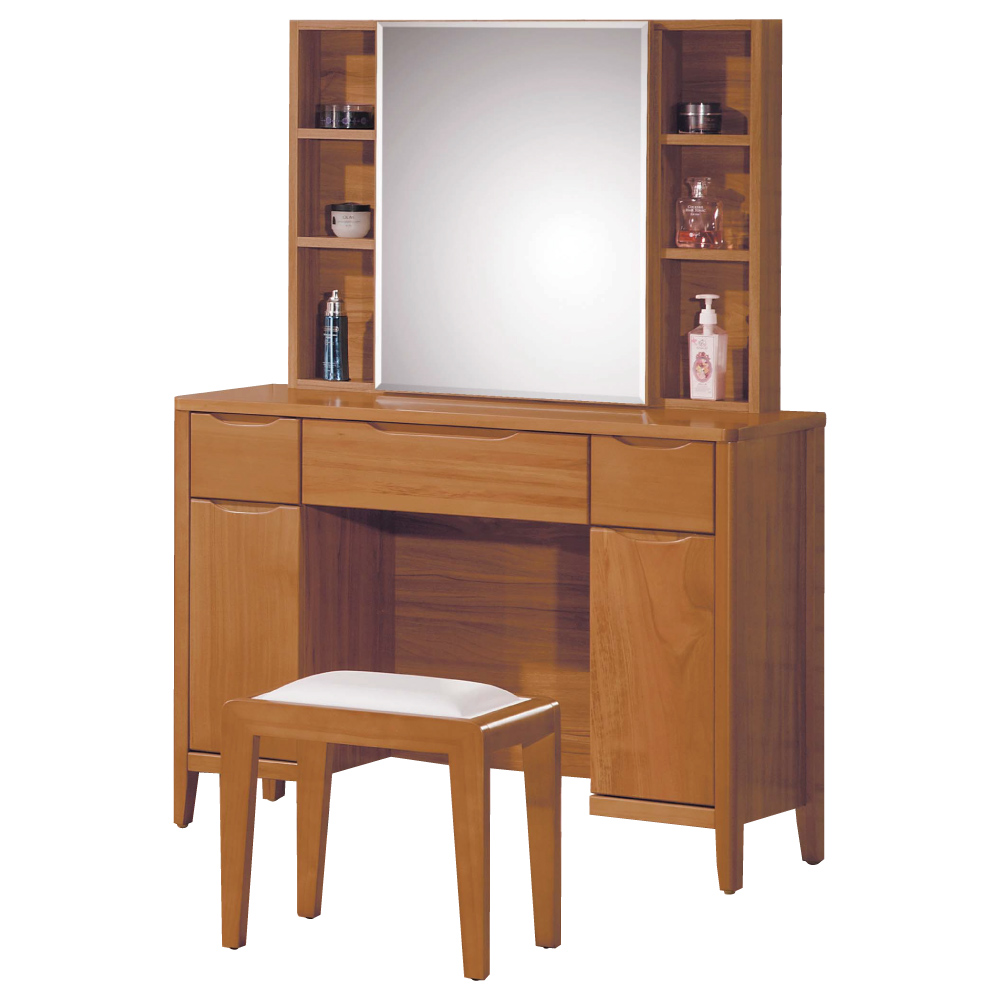品家居 米蘭朵3.3尺柚木色化妝鏡台含椅-100x40x143.4cm-免組