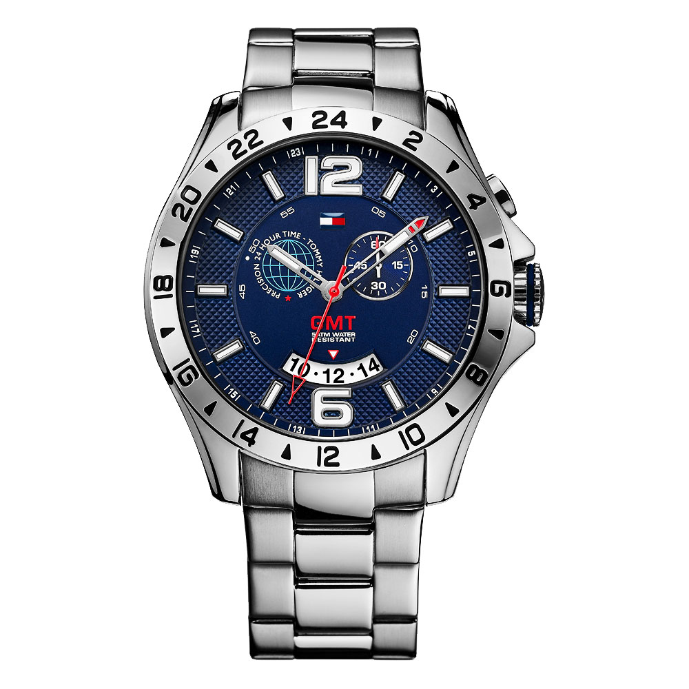 TOMMY HILFIGER 旗鑑GMT 雙時區時尚腕錶-藍x銀/46mm