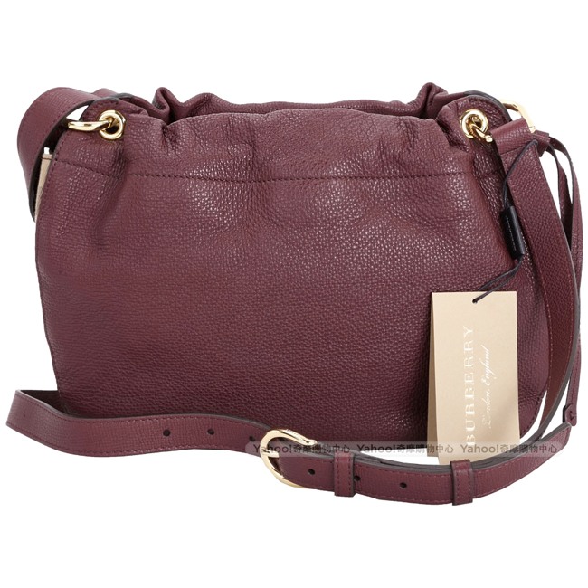 BURBERRY House 拼接格紋粒面牛皮束口斜背包(紅色)