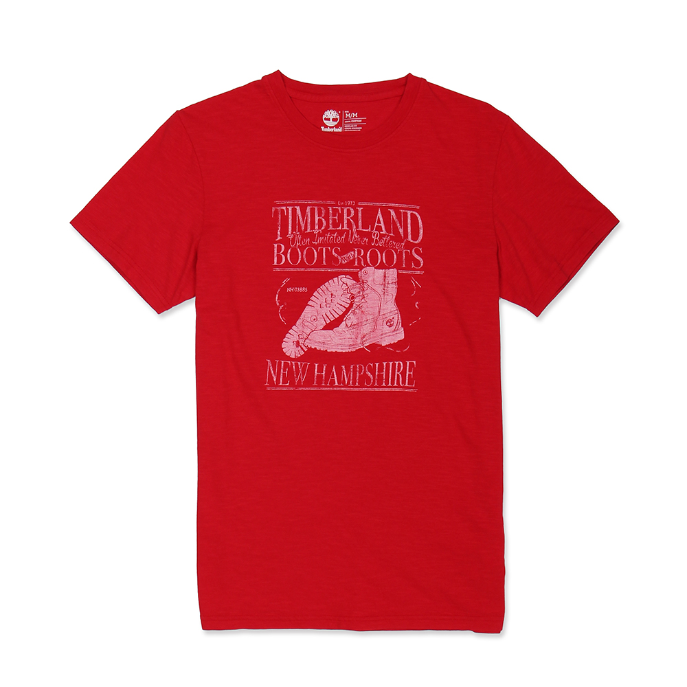 Timberland 男款暗紅色創意LOGO印花短袖T恤