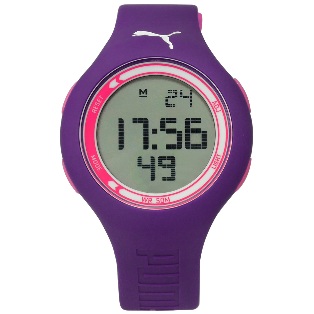 PUMA 螢光路跑運動電子橡膠手錶 -紫色/44mm