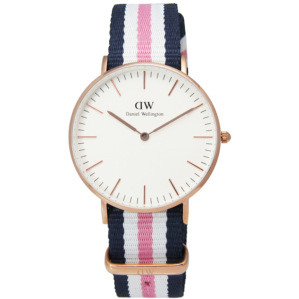 DW Daniel Wellington 經典學院風尼龍腕錶-白x玫瑰金框x粉藍/36mm