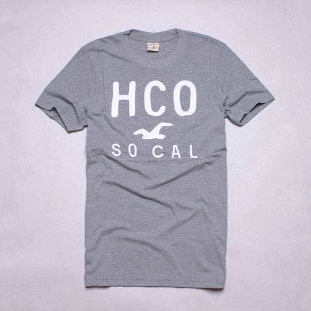 HOLLISTER Co. HCO拼布大LOGO 休閒圓領棉短T-灰綠色