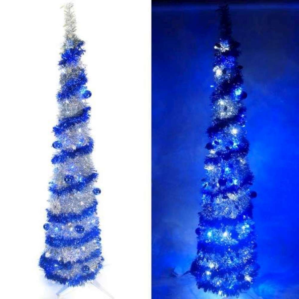 6尺(180cm)彈簧摺疊銀色哈利葉瘦型鉛筆樹聖誕樹(+LED100燈藍白光+藍系飾品)