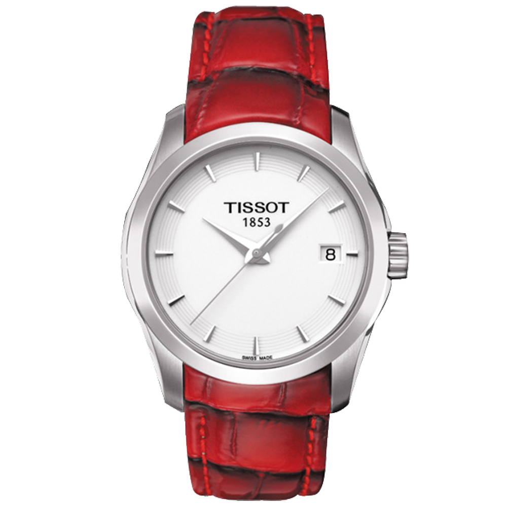 TISSOT Couturier Lady 極簡魅力時尚腕錶-白/豔麗紅/32mm