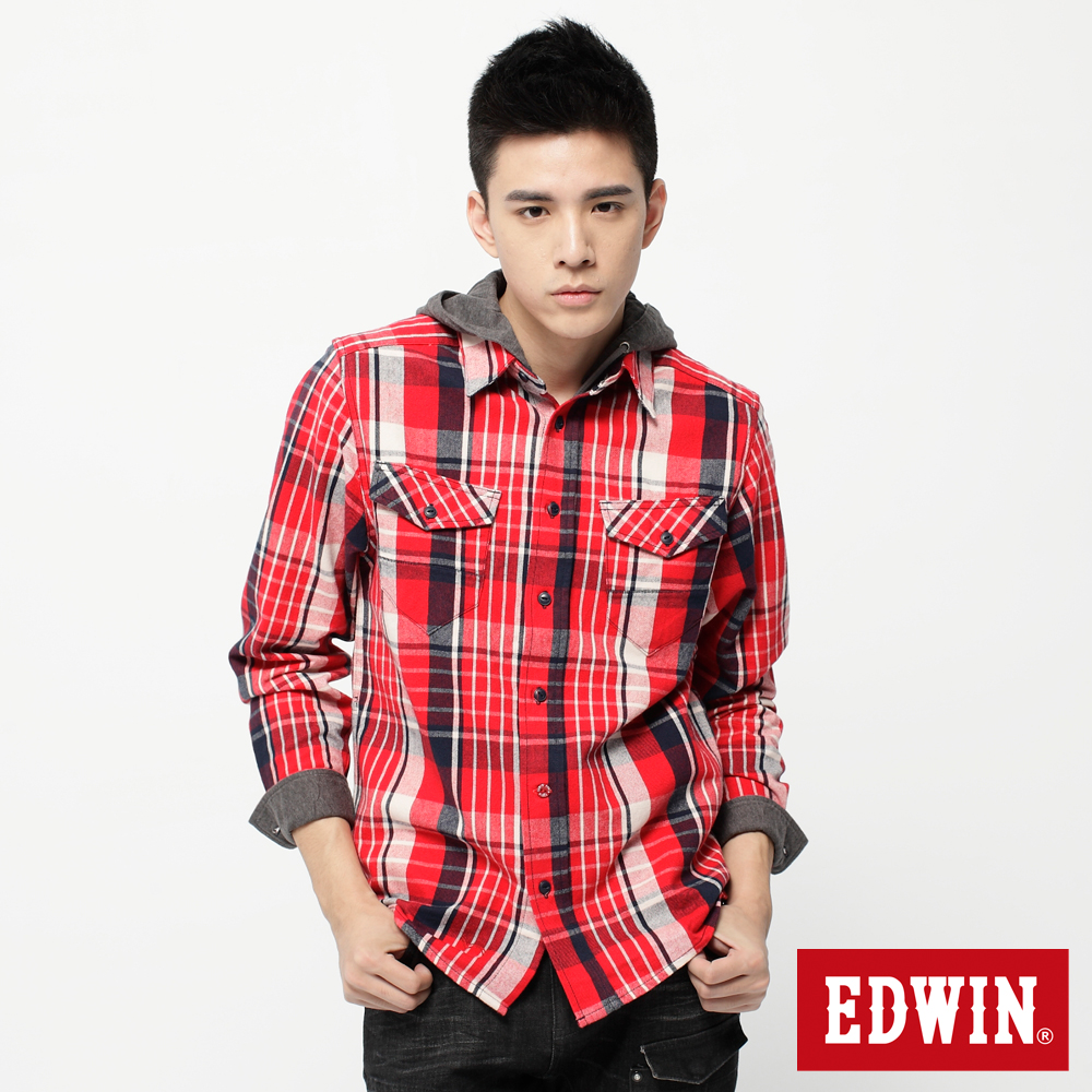 EDWIN 穩固焦點 可拆帽粗斜格長袖襯衫-男款(朱紅)