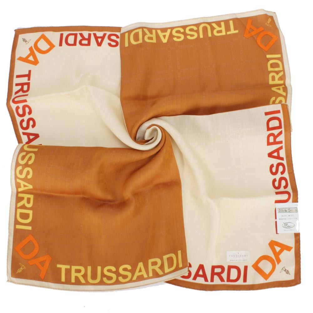 TRUSSARDI-字母飾邊雙色純棉領帕巾-米/棕