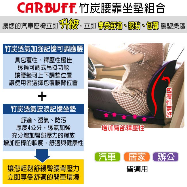 CARBUFF 車痴竹炭透氣加強記憶可調護腰+竹炭透氣波浪記憶坐墊組合 四色可選