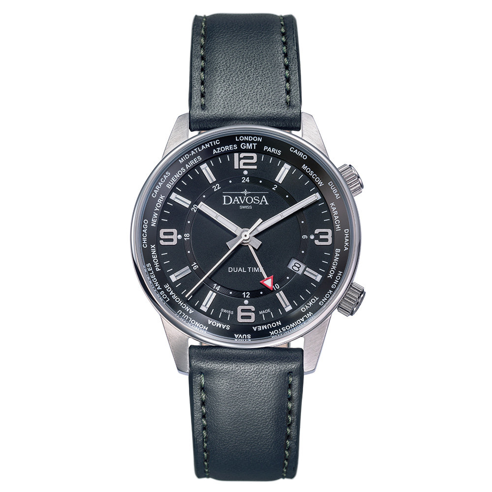 DAVOSA Vireo Dual Time–威利爾經典雙時區系列皮帶腕錶-黑/42mm