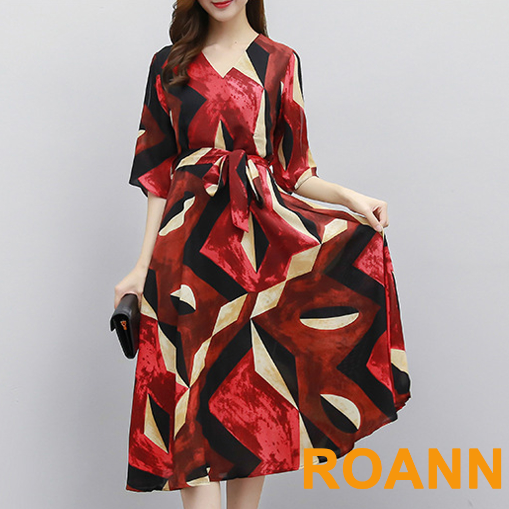 波西米亞風抽象印花短袖洋裝 (花色)-ROANN