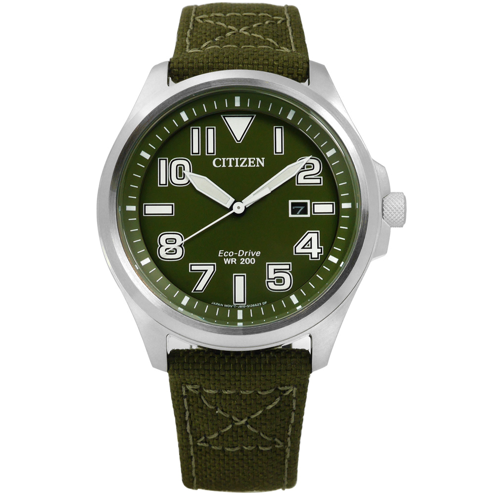 CITIZEN 休閒潮流光動能尼龍手錶(AW1410-32X)-軍綠色/44mm