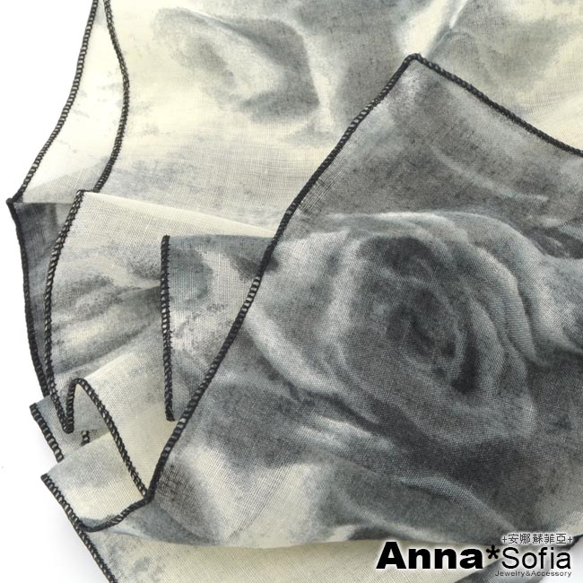 AnnaSofia 墨染玫瑰款 拷克邊韓國棉圍巾披肩(米灰系)
