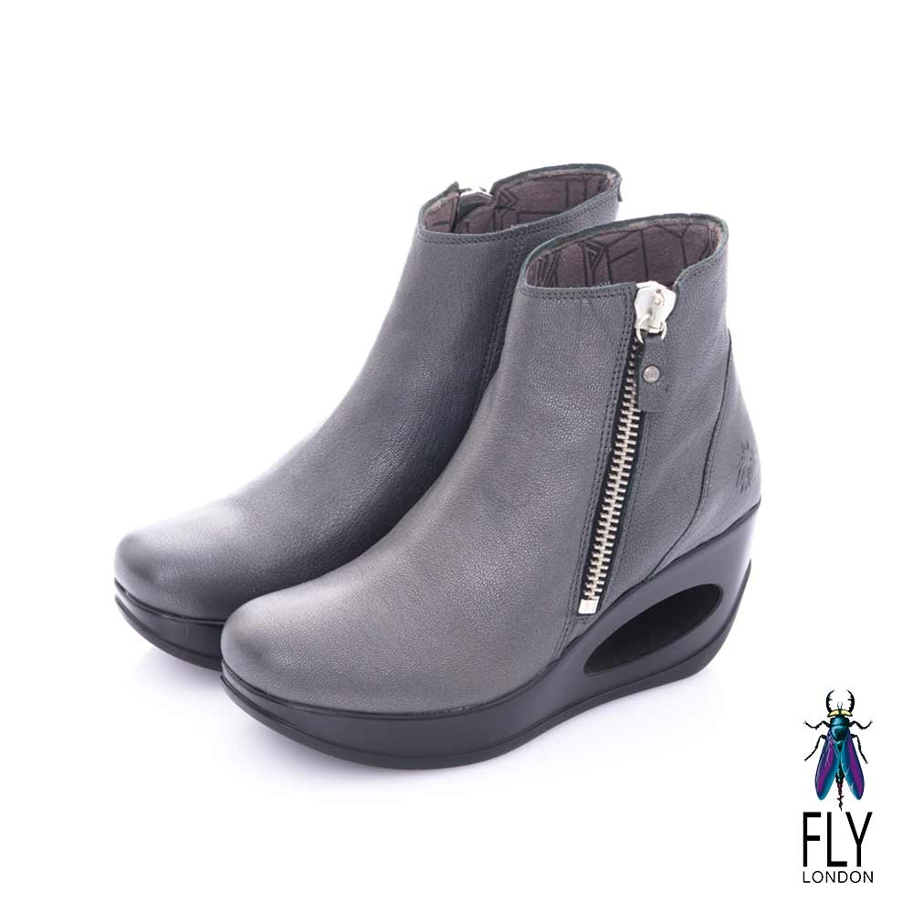 Fly London(女) 融化之冰 簍空鞋跟羊皮拉鍊短筒靴-金屬灰