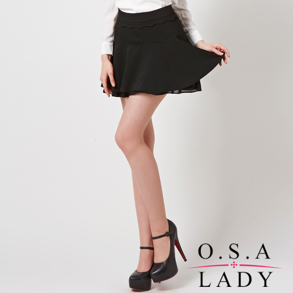 O.S.A LADY 波浪花邊腰際層次傘狀褲裙 (黑色)