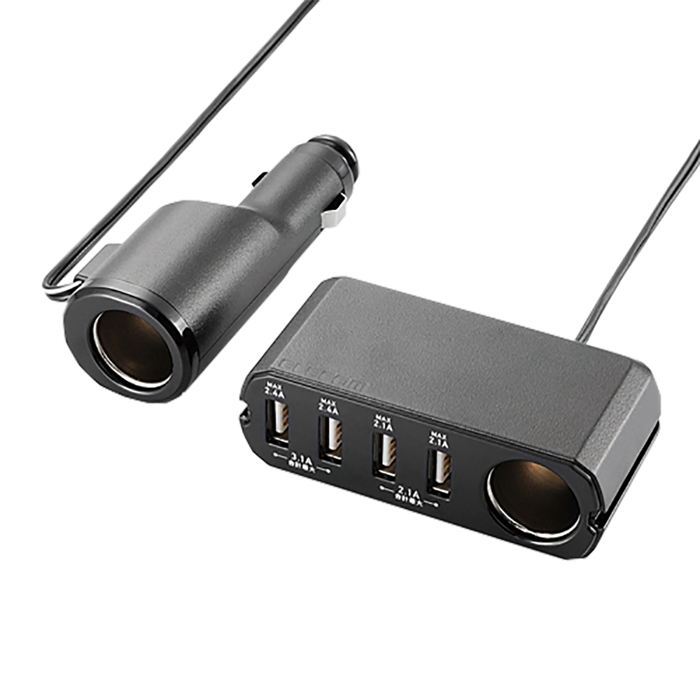 ELECOM 4孔USB車充+2孔點菸器擴充