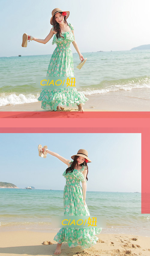 蝴蝶結吊帶蛋糕裙裙洋裝 (綠色)-CiAO妞 holiday