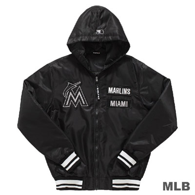 MLB-邁阿密馬林魚隊鋪棉風衣連帽合身棒球外套-黑 (男)