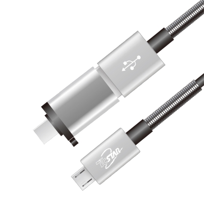 TCSTAR MicroUSB+Type-C二合一高速鋁合金彈簧充電傳輸線