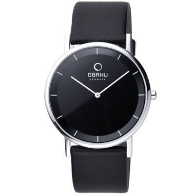 OBAKU 纖薄哲學二針時尚腕錶-銀框黑/皮帶/38mm