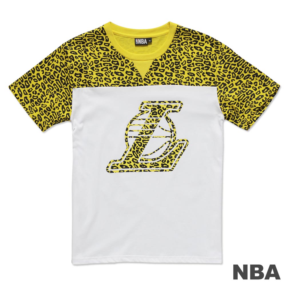 NBA-洛杉磯湖人隊豹紋剪接短袖T恤-黃白(男)