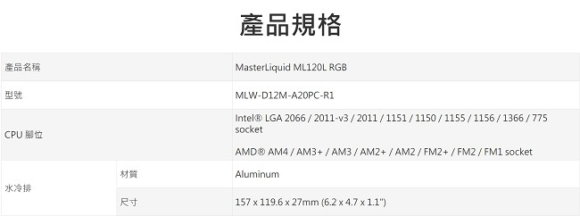 Cooler Master MasterLiquid ML120L RGB 水冷散熱器