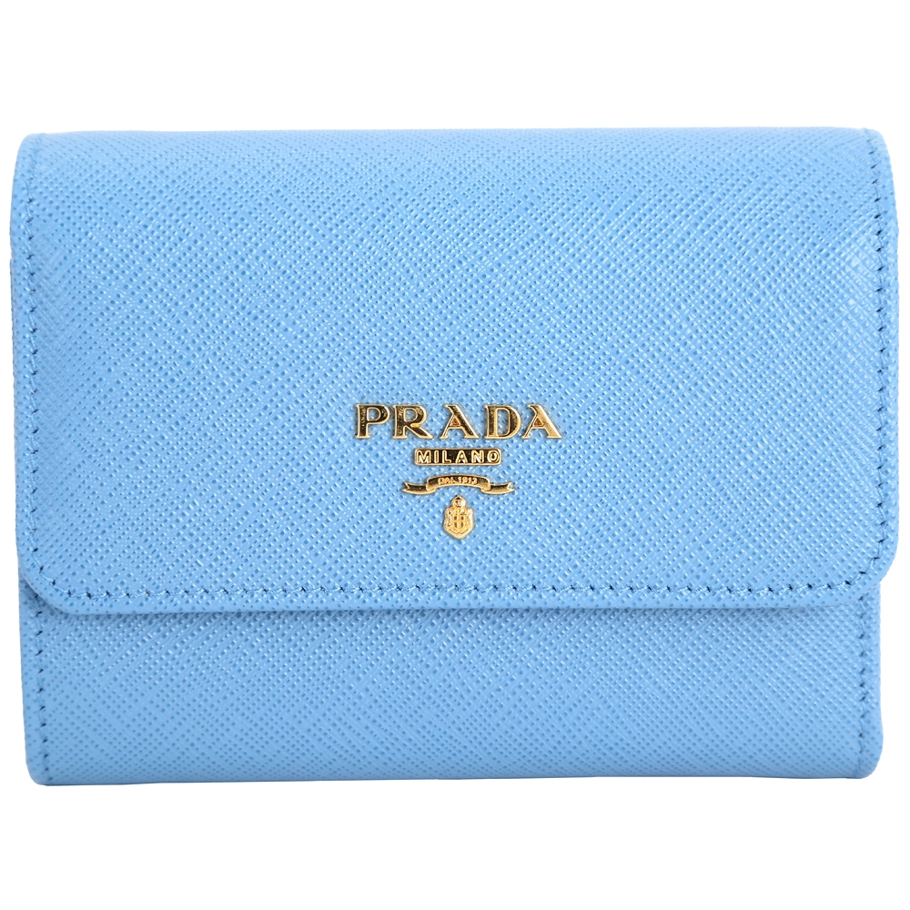 PRADA Saffiano 金字防刮牛皮三折式短夾(水藍色)