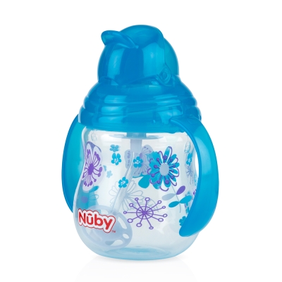 Nuby 卡拉雙耳彈跳吸管杯(360度吸管)270ml(幾何款)-藍(12m+)