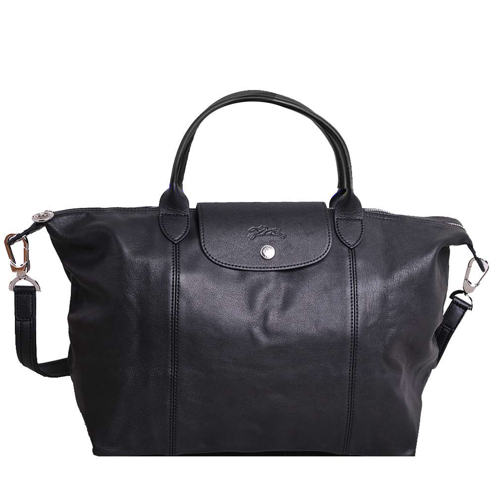 LONGCHAMP LE PLIAGE CUIR 小羊皮短提柄斜揹水餃包(黑)