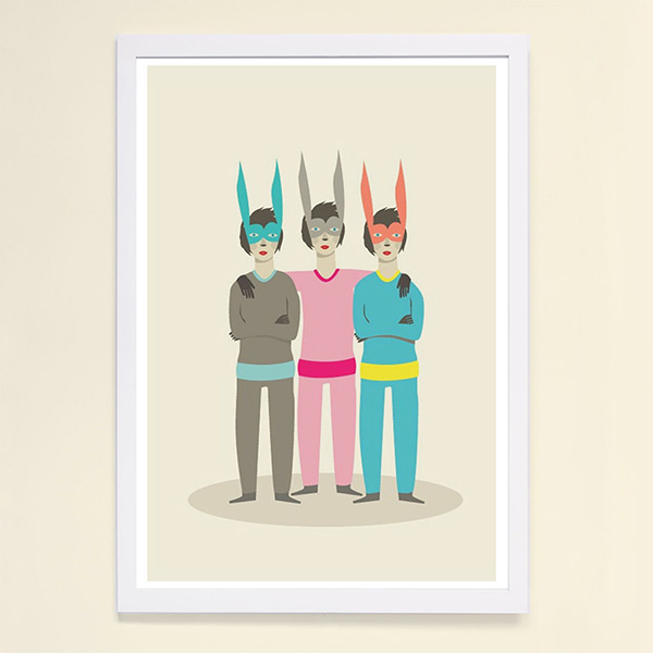 【摩達客】西班牙插畫家Judy Kaufmann海報掛畫-三胞胎兔面具(附簽名)(含木框)