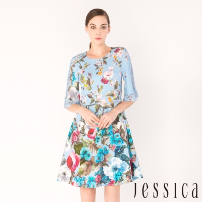 JESSICA - 紛花戀曲印花蕾絲拼接洋裝