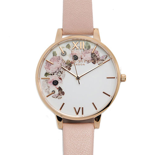 Olivia Burton 迷幻花園花季粉膚色真皮錶帶玫瑰金錶框手錶-38mm