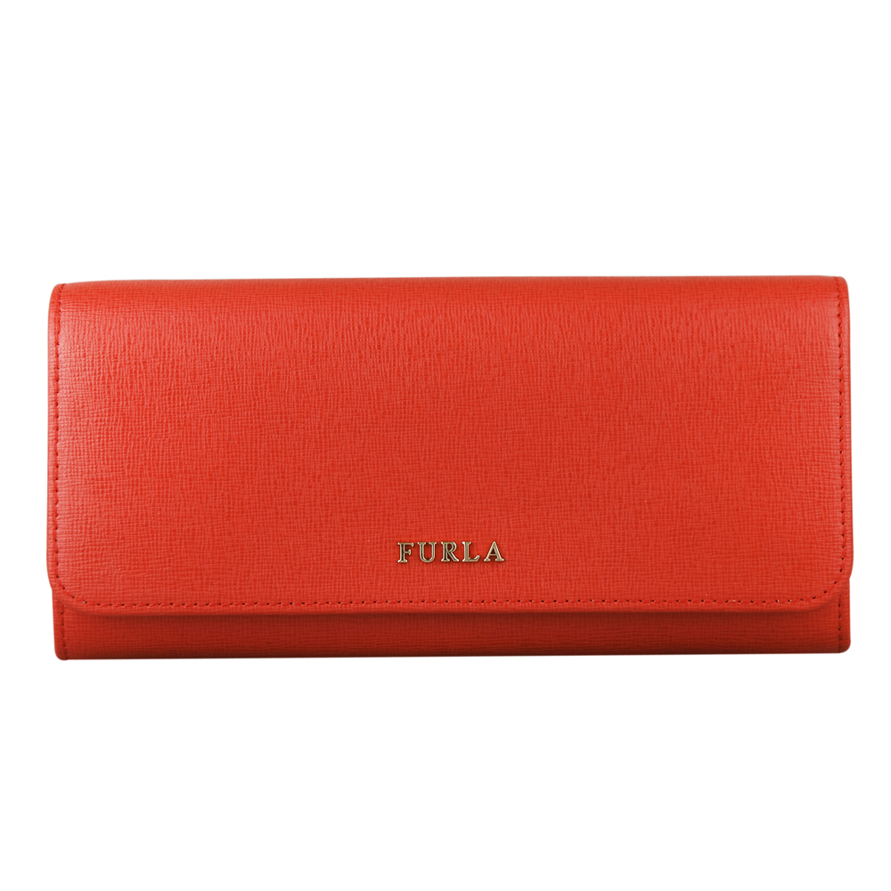 FURLA 金字LOGO防刮皮革釦式三折長夾(橘紅)