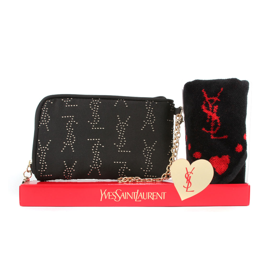 YSL 鑲釘LOGO手機袋方巾二入禮盒-黑色