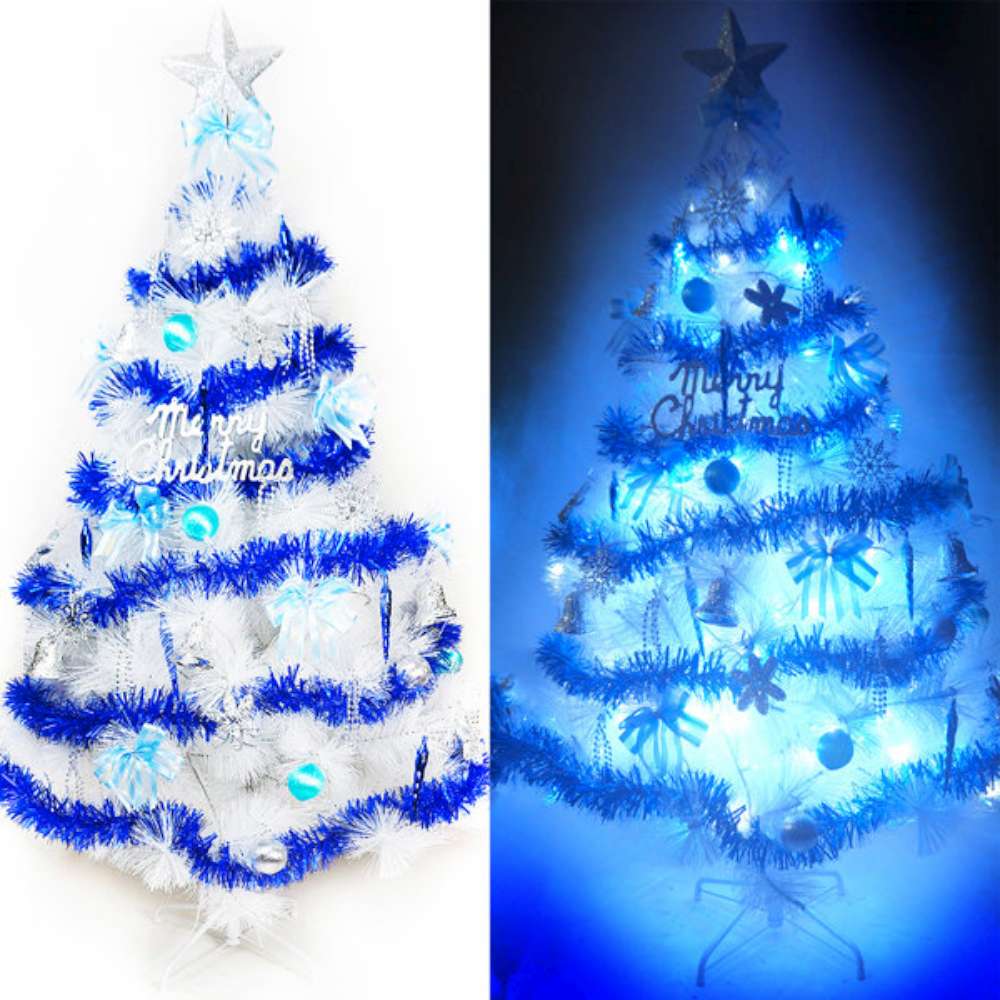 摩達客 台製5尺(150cm)白色松針葉聖誕樹(藍銀色系)+100燈LED燈2串藍白光