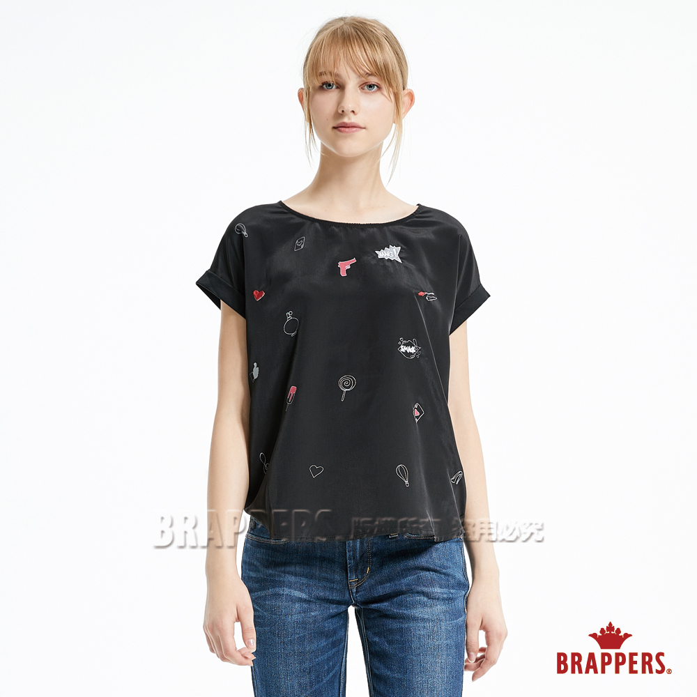 BRAPPERS 女款 趣味圖騰異素材拼接短袖T恤-黑