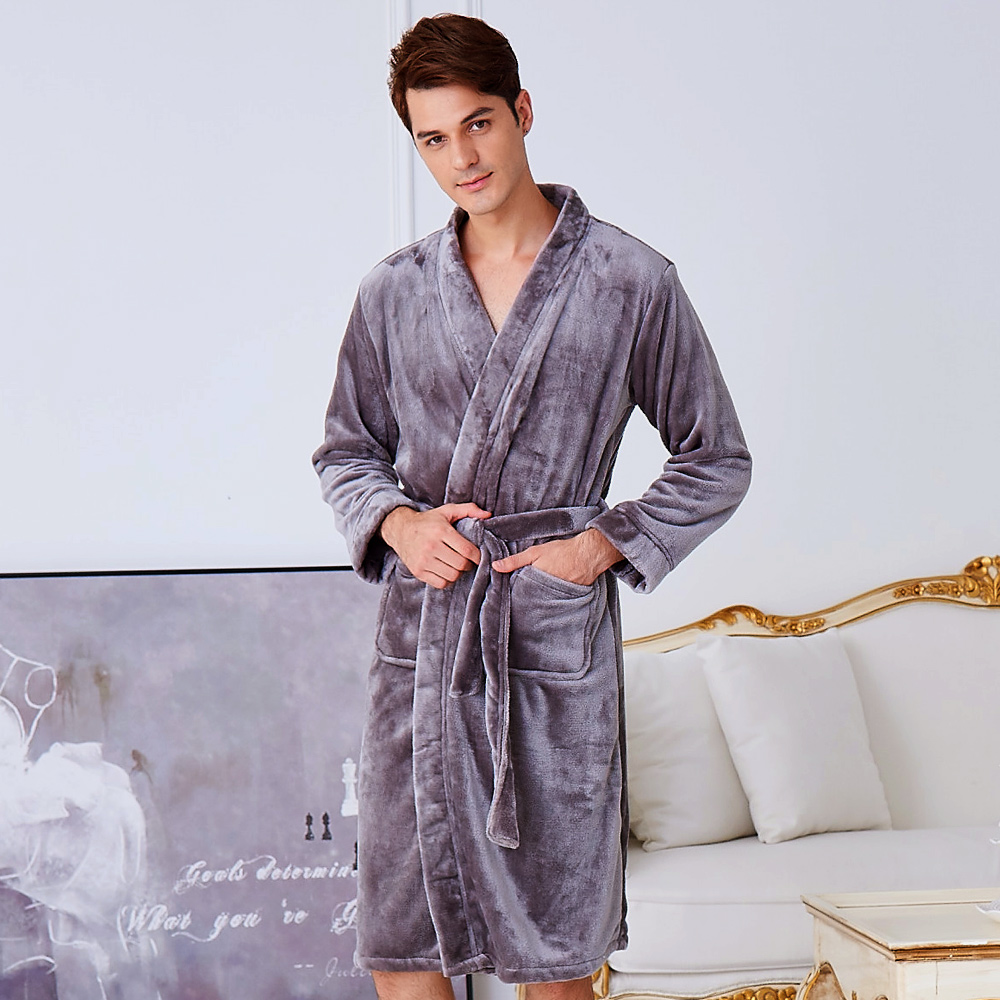 睡衣 極暖柔軟水貂絨男性長袖睡袍(20242)灰色-蕾妮塔塔