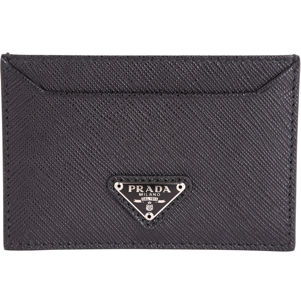 PRADA Saffiano 銀三角牌防刮牛皮萬用卡片夾(黑色)