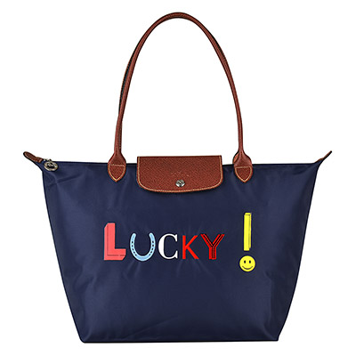 LONGCHAMP Le Pliage系列LUCKY刺繡印花尼龍長提把肩背包(大/海軍藍)