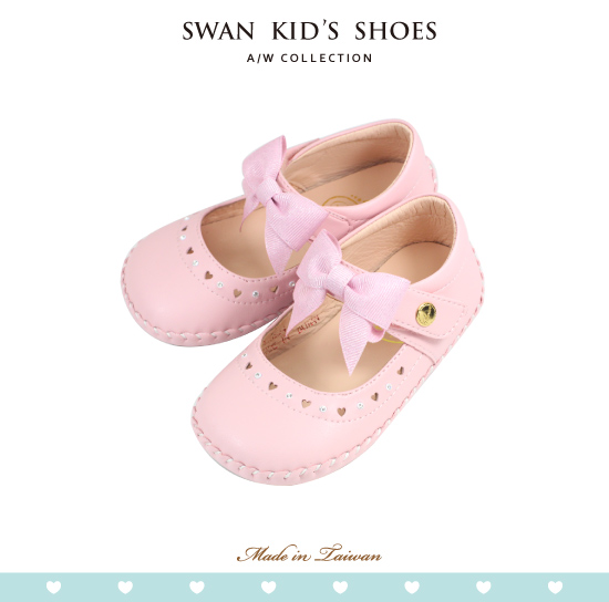 Swan天鵝童鞋-甜美愛心水鑽背帶蝴蝶結學步鞋1524-粉