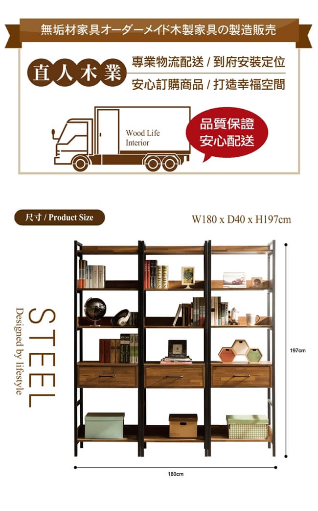 日本直人木業-STEEL積層木工業風3個1抽180CM多功能書櫃