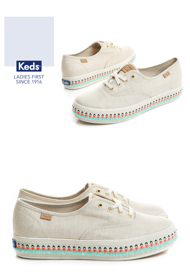 Keds TRIPLE 渡假旅程厚底綁帶帆布鞋-米/金