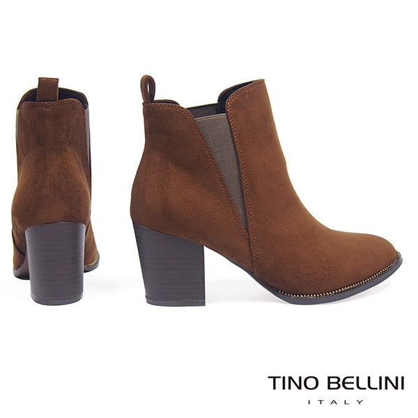 Tino Bellini 流行不敗側V彈性高跟短靴_棕