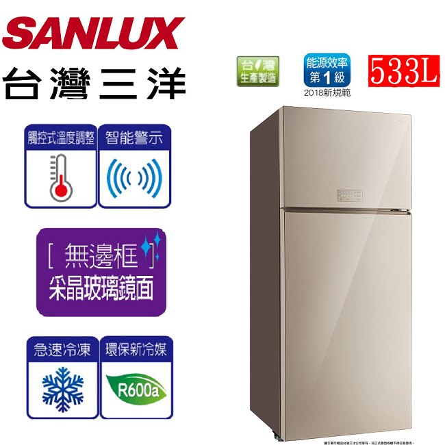 SANLUX台灣三洋 533L 1級變頻2門電冰箱 SR-C533BVG 采晶玻璃鏡面