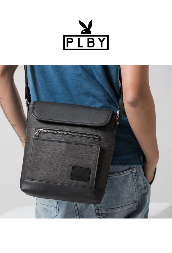 PLAYBOY- 直式翻蓋斜背包 GENTLE系列-斜紋灰