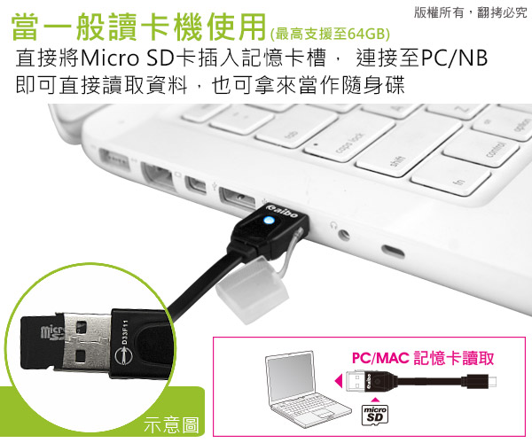 aibo OTG103 帶線迷你OTG傳輸充電/讀卡機 (USB A公+TF讀卡)