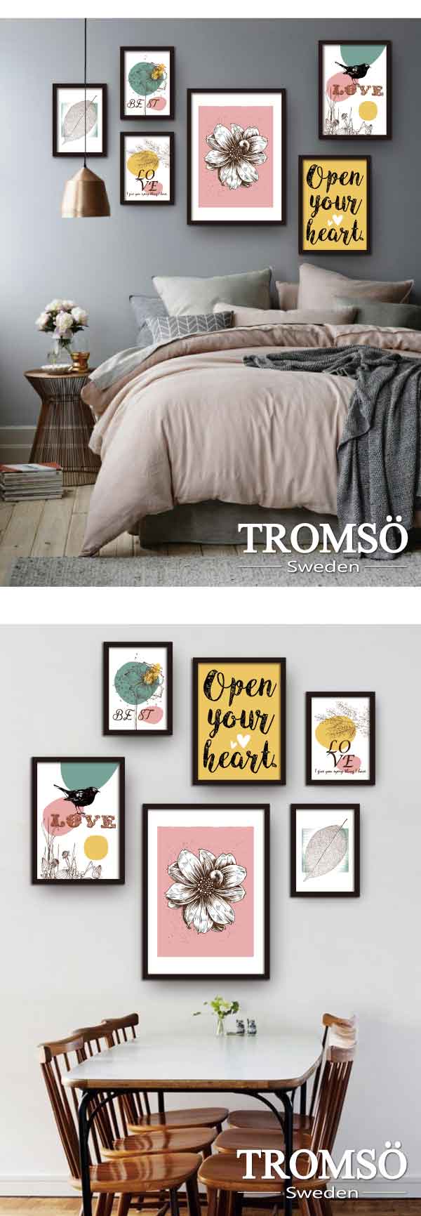 TROMSO風格黑爵特大幅海報相框牆六件組/優雅花鳥