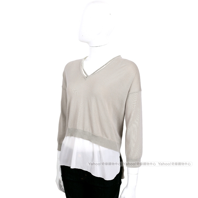 FABIANA FILIPPI 灰色雙材質拼接V領七分袖針織上衣