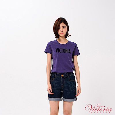 Victoria 蕾絲貼布繡貼鑽基本短袖T-女-深藍紫