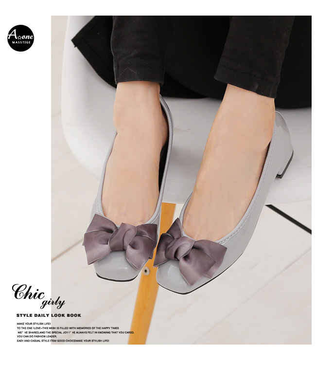 A one漆皮小方頭蝴蝶結粗跟鞋-灰色