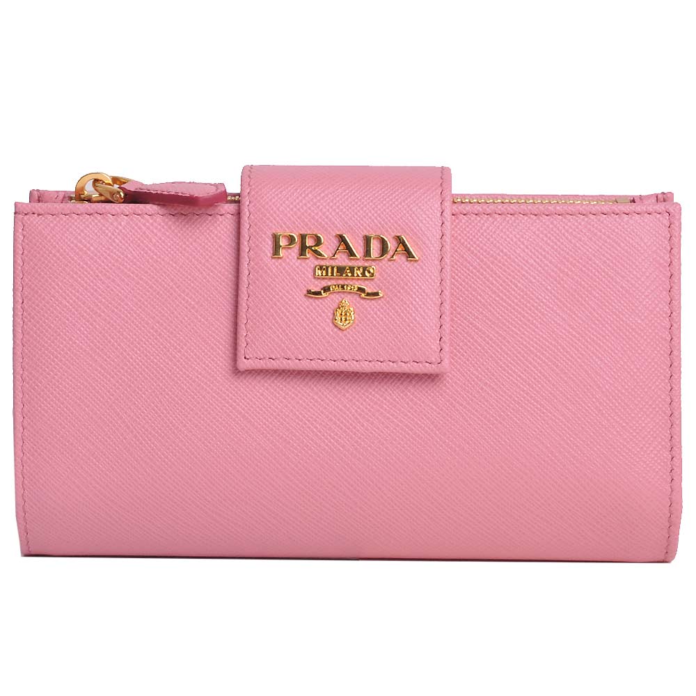 PRADA SAFFIANO METAL金字防刮牛皮釦式多卡機能中長夾(粉紅)